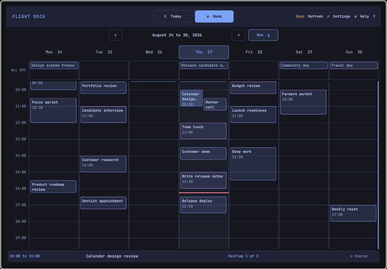 Flight Deck Calendar Week view with fictional Google and Outlook events, an all-day lane, overlapping meetings, and current-time context.